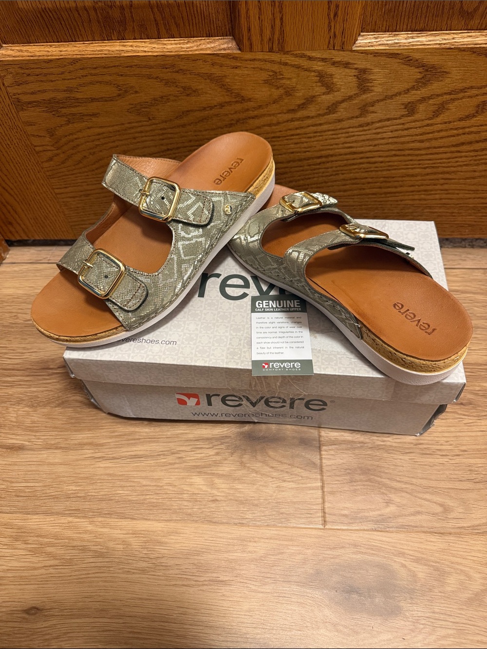Revere Metallic Gold Double-Buckle Slide Sandals